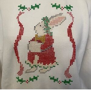 Vintage Jerzees White Christmas Bunny holiday cross stitch unisex sweatshirt L